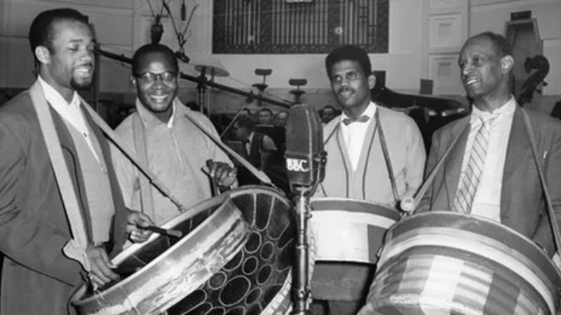 Black and white photo of early pan musicians