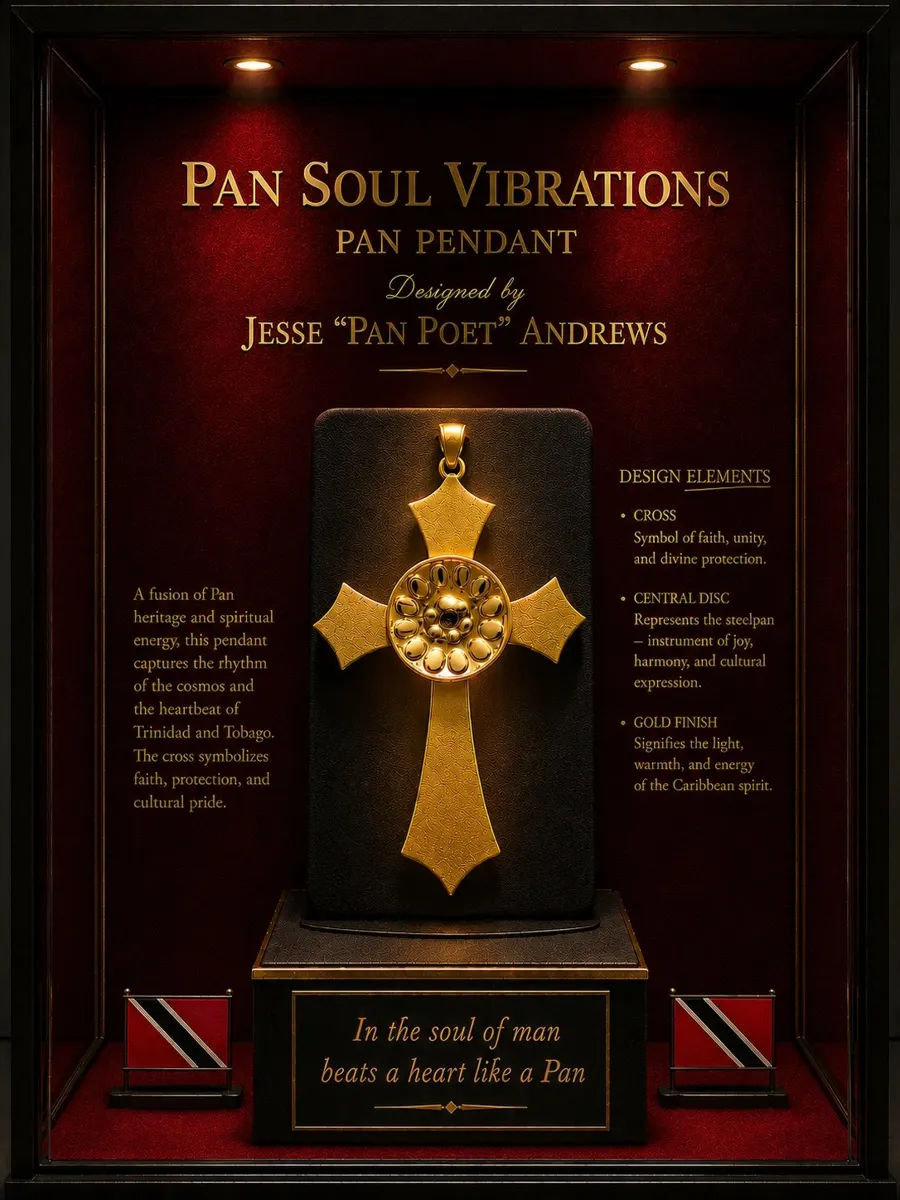The Pan Soul Vibrations gold cross pendant on a black and red display