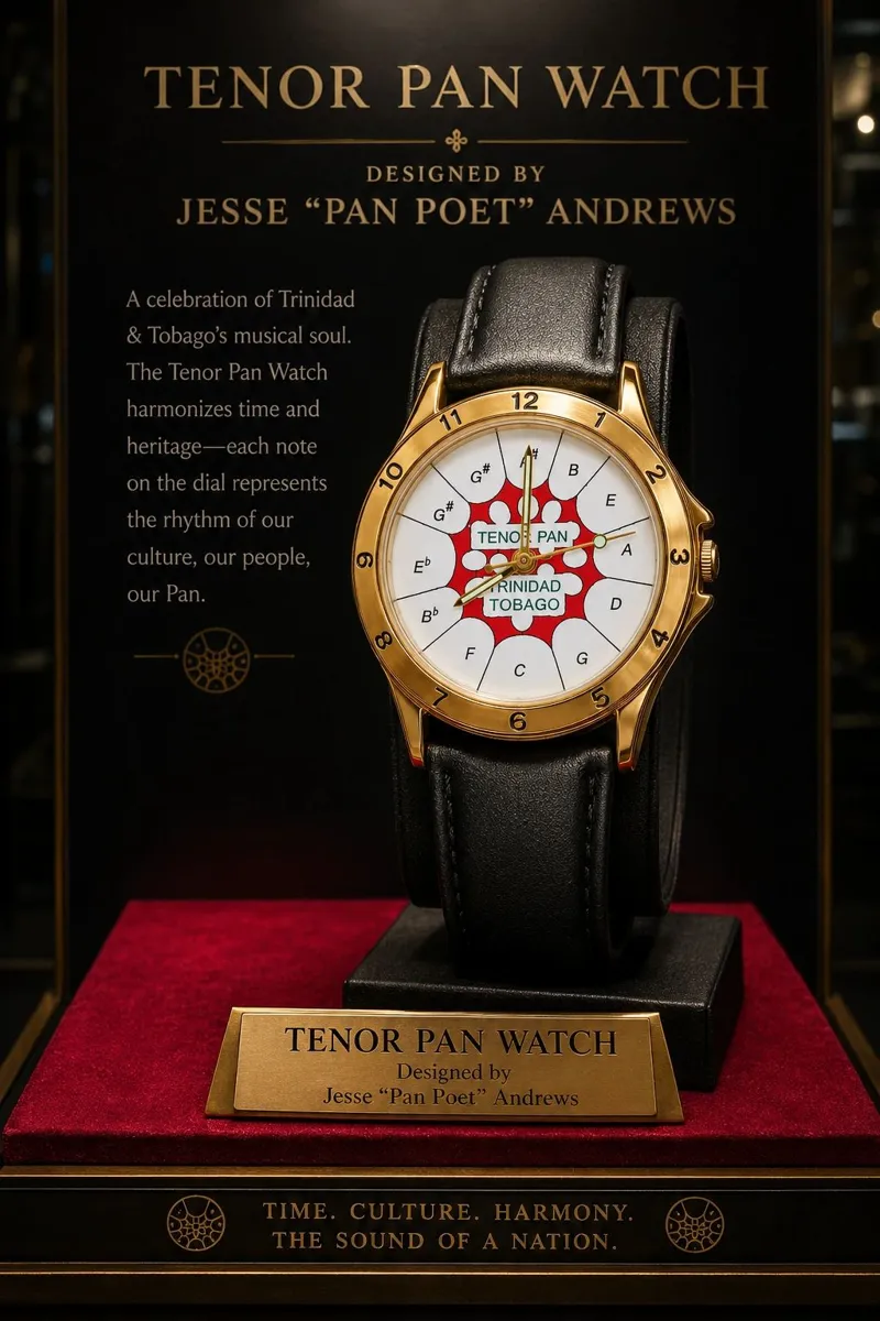 The Tenor Pan Watch displayed in a black presentation case