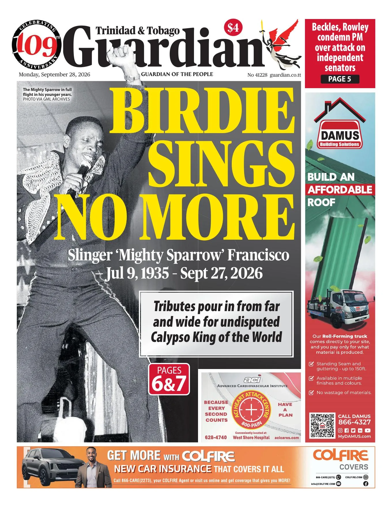 Trinidad and Tobago Guardian front page, Birdie Sings No More