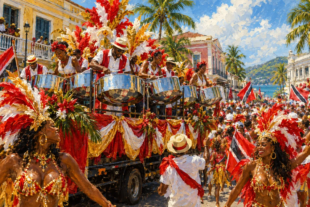 Painterly illustration of a steelband on a Carnival float with costumed revellers