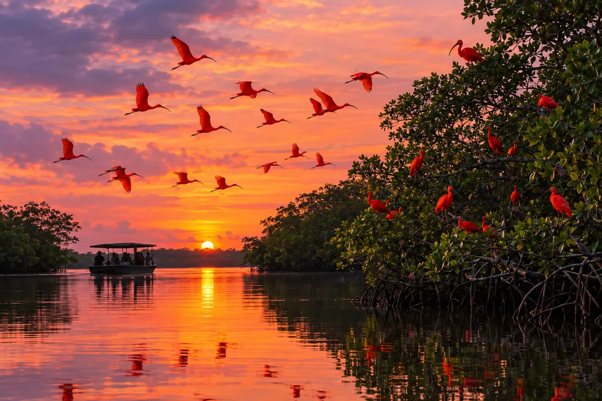 Scarlet ibis flying over Caroni Swamp at sunset