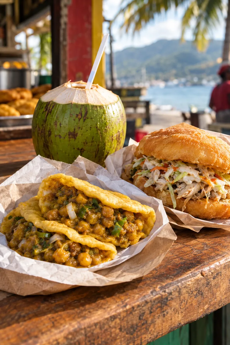 Doubles, bake and shark and a fresh coconut on a wooden stall counter