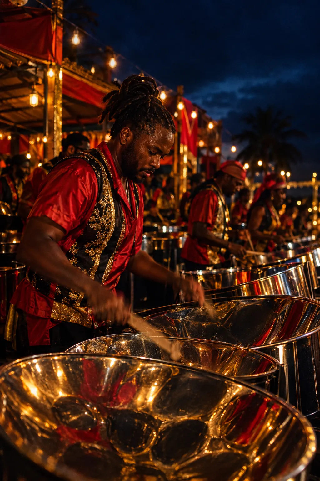 Steelband players in red and gold performing in a panyard at night
