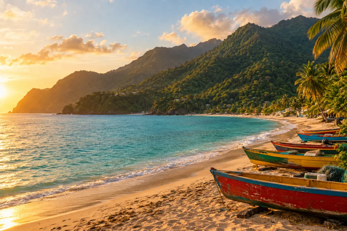 Maracas Bay beach with fishing boats at golden hour