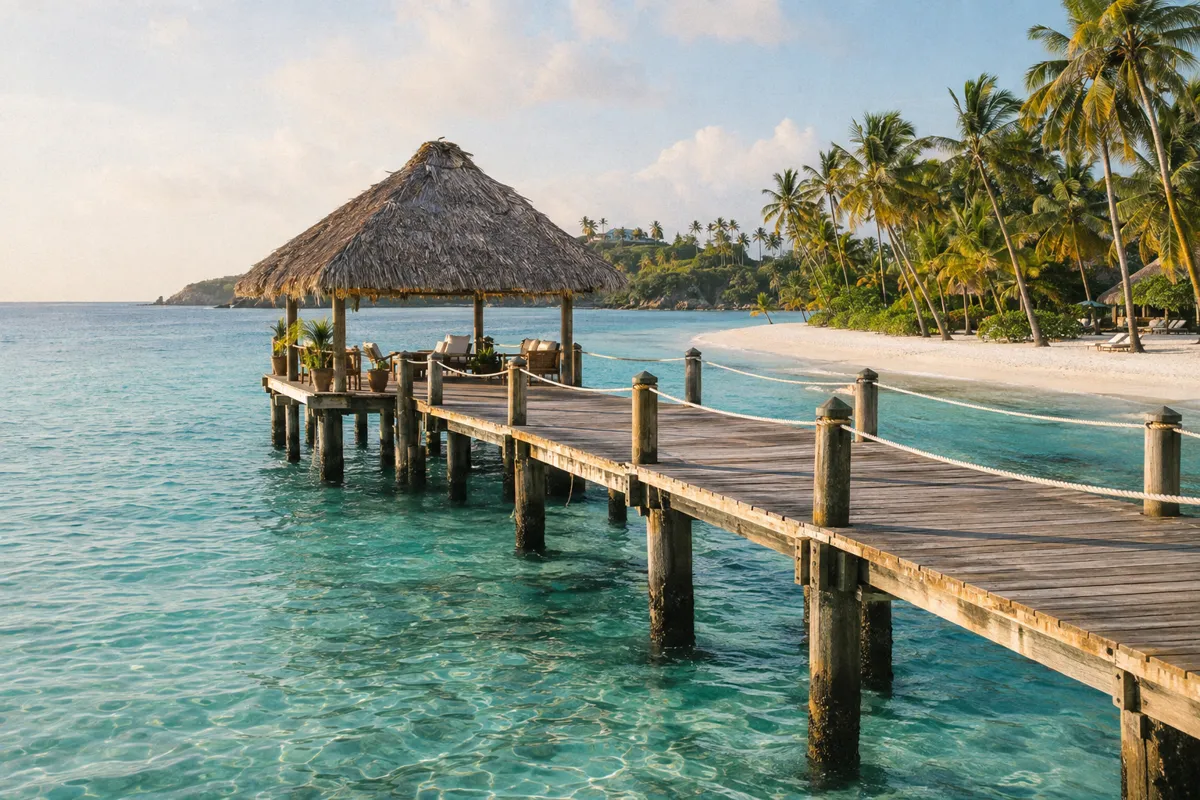 Thatched jetty over turquoise water at Pigeon Point, Tobago